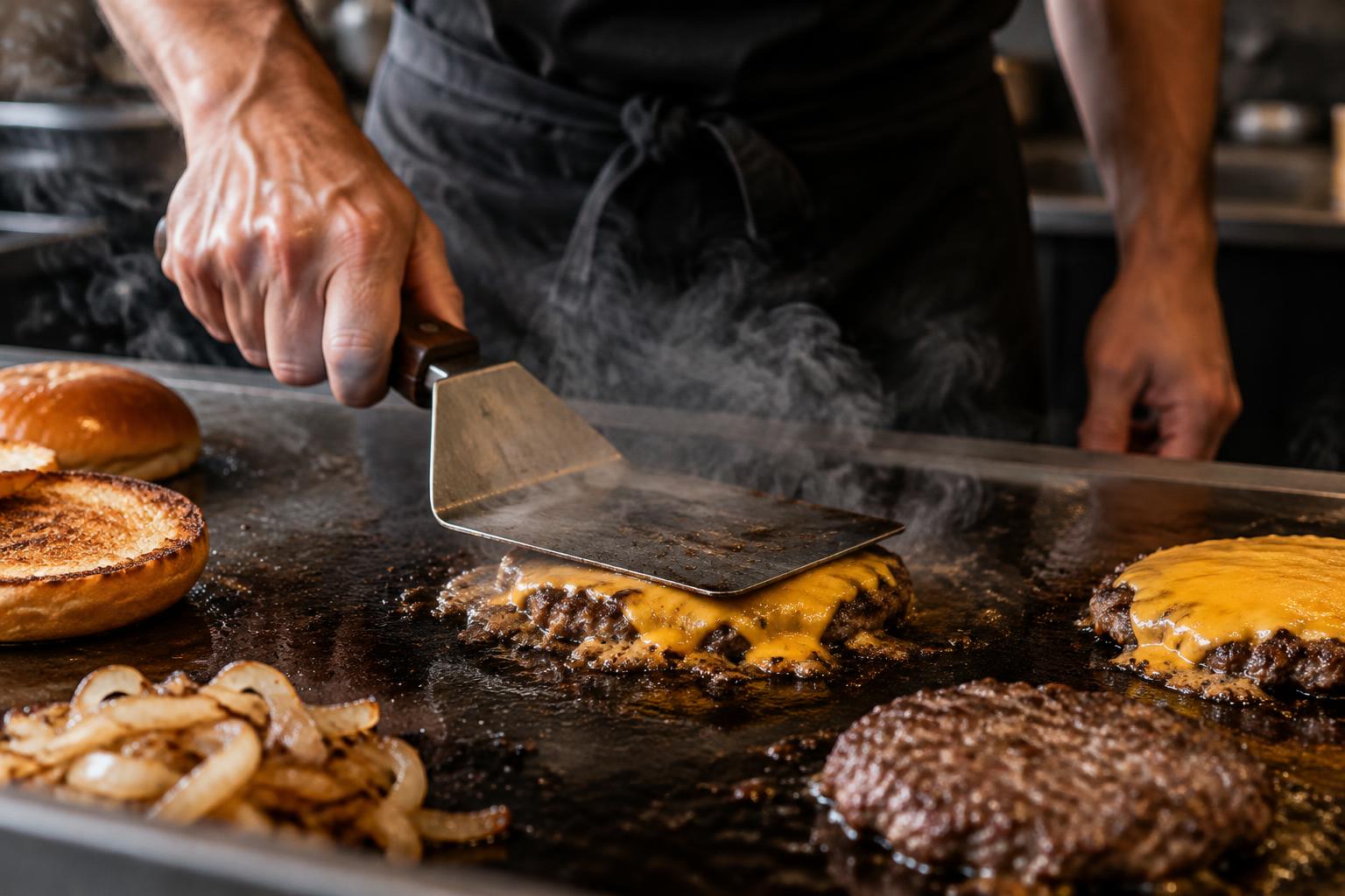 Burger werden auf einer heissen Grillplatte frisch zubereitet
